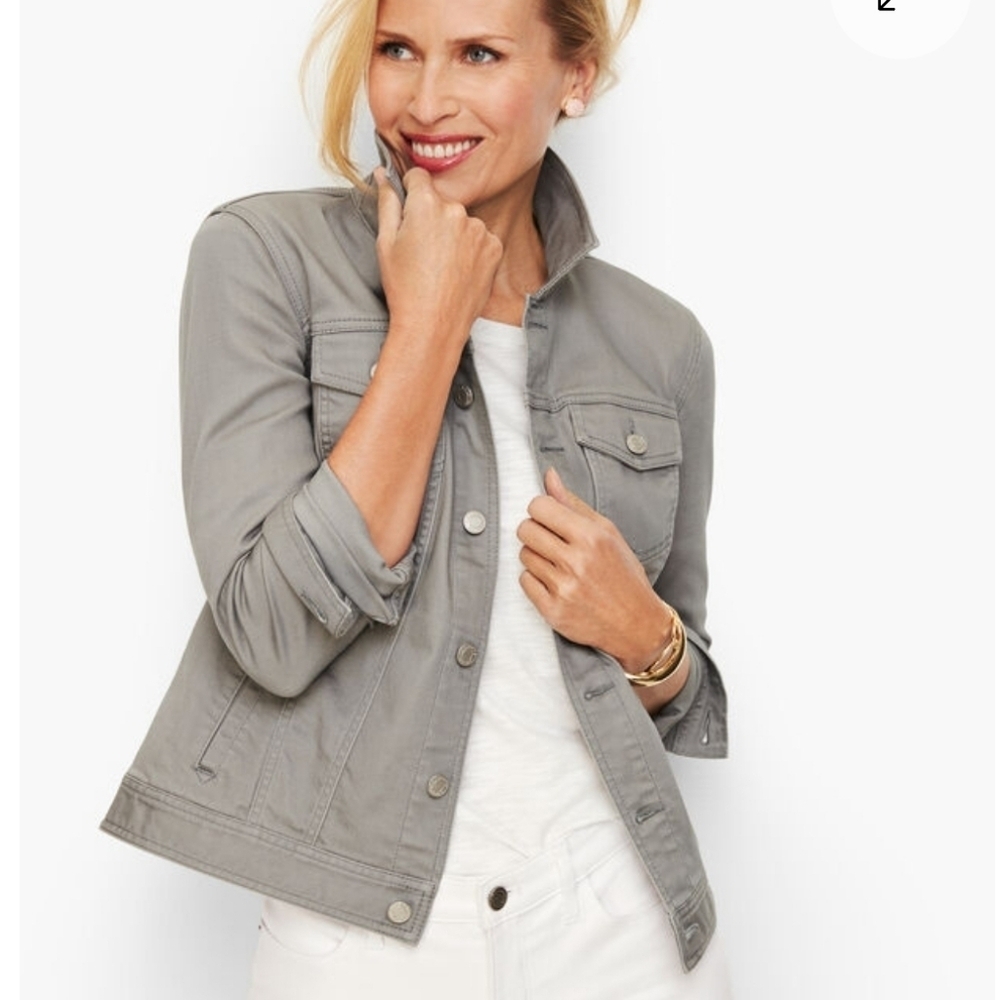 Talbots Light Grey/Stone Jean Jacket Classic Size XS Banded Hem Adjustable Back